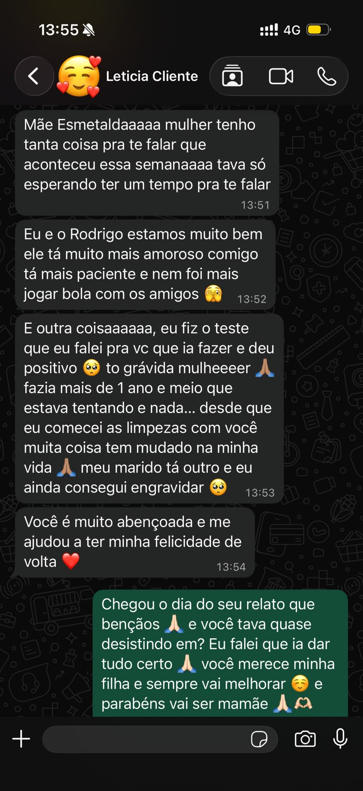 Depoimento real de cliente Leticia no WhatsApp